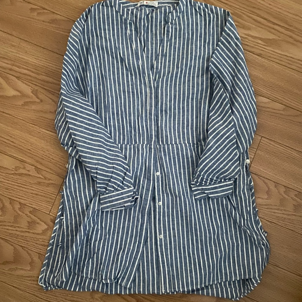 Zara Blue and White Striped Linen Casual Shirt